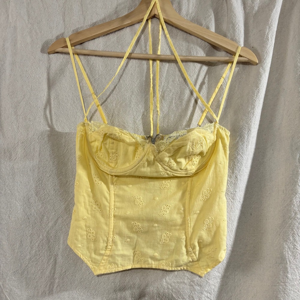Princess Polly Yellow Eyelet Corset Top Bustier Lace Trim Cotton US 2